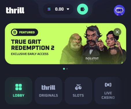thrill casino mobile homepage featuring true grit redemption 2 slot exclusive early access banner