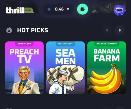 thrill casino mobile homepage showing hot picks slot lineup with preach tv, sea men, and banana farm titles