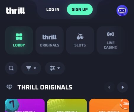 thrill casino mobile lobby showing navigation menu with lobby, originals, slots, and live casino sections