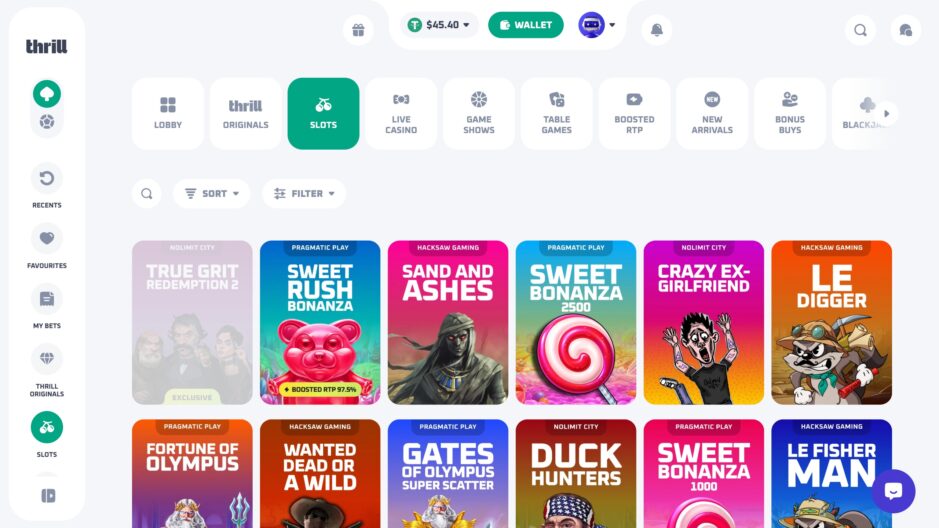 Das Casino zeigt einen Ausschnitt der Slotübersicht bei Thrill.com