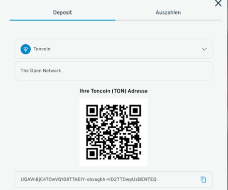 Das Bidl zeigt, wie im Cryptorino DE eine Sende Adresse für TON Coin erstellt wird