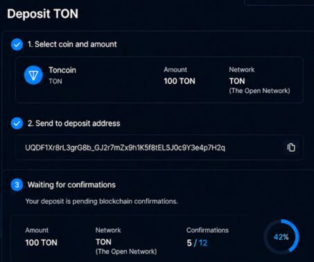 Das Bild zeigt, wie die Transaktion über die TON Blockchain bestätigt wird