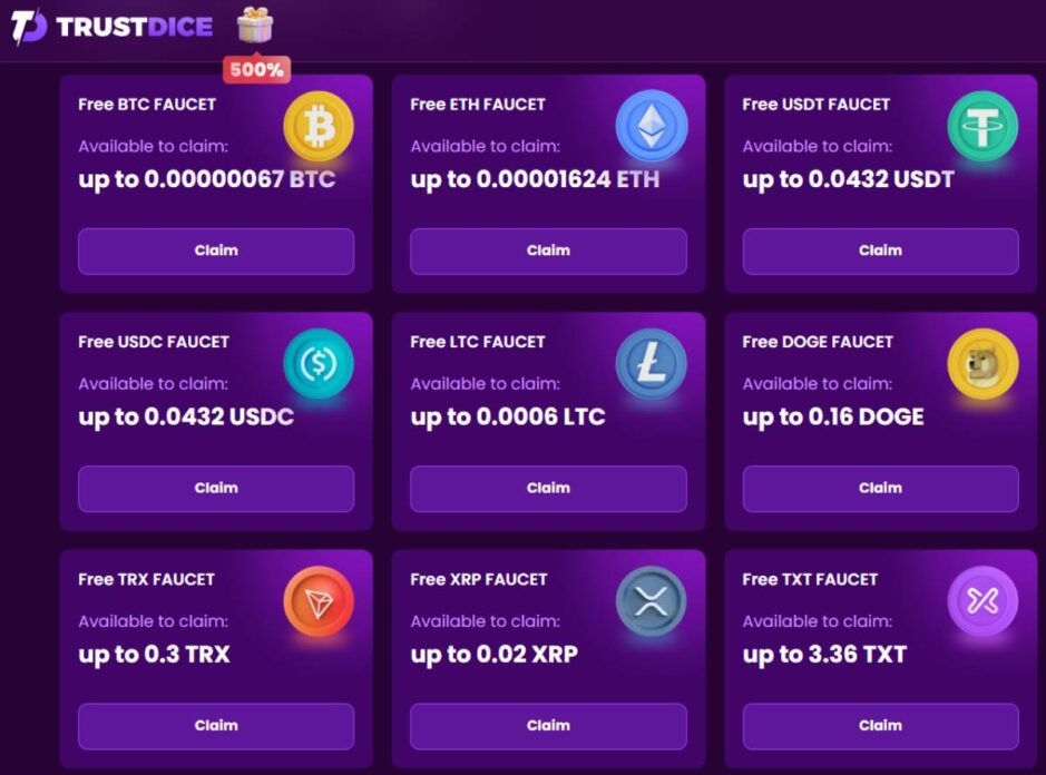 screenshot of trustdice casino faucet bonus - all available crypto