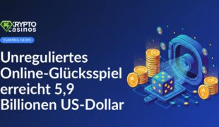 Digitale Spielkarten, Münzen und Würfel schweben vor einem leuchtenden Hintergrund mit Zahlen und Diagrammen.
