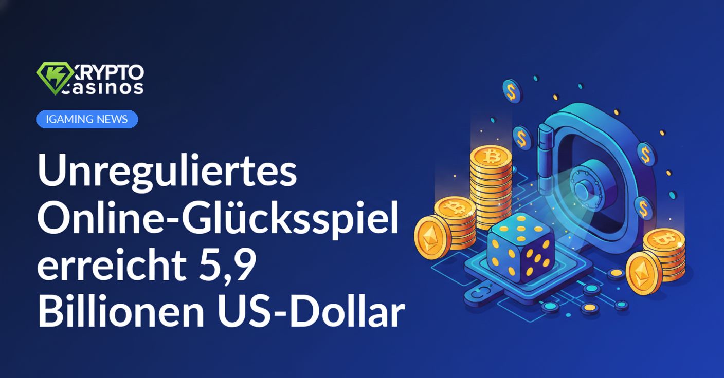 Digitale Spielkarten, Münzen und Würfel schweben vor einem leuchtenden Hintergrund mit Zahlen und Diagrammen.