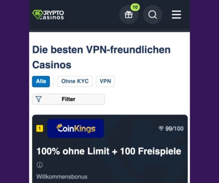 Das Bild zeigt die Bestenliste von Kryptocasinos.com der VPN Casinos