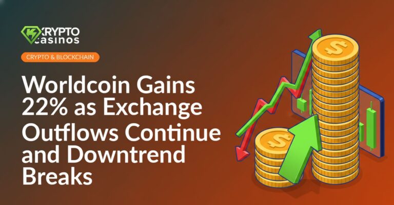 Stack of gold coins beside a green upward arrow, broken red trendline chart, and green candlestick chart on screen