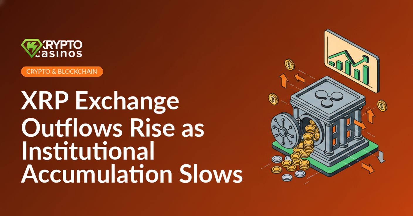 Stock exchange building with red outward arrows, open vault spilling XRP coins, and flat price chart panel in background.