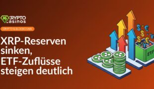 Diagramm mit sinkender XRP-Reserve und steigendem ETF-Zufluss, Balken- und Liniendiagramme in Blau und Grün