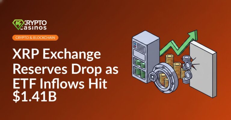 Server rack with shrinking XRP coin stacks, secure vault with fewer coins, upward chart hitting a solid wall background.