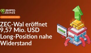 Grüner Pfeil hebt Goldbarren, Börsengebäude mit roten Pfeilen, Handelstafel mit grünem Kursbalken in Hintergrund.