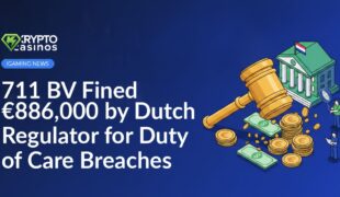 711 BV company logo beside a gavel and a stack of euro banknotes on a wooden desk background