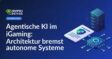 Dokument mit Schildemblem neben monolithischem Serverblock und KI-Chip mit Zahnrädern und Steckeranschlüssen.