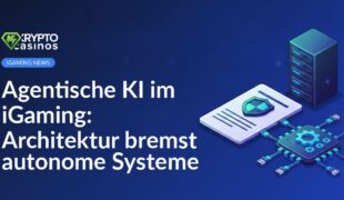 Dokument mit Schildemblem neben monolithischem Serverblock und KI-Chip mit Zahnrädern und Steckeranschlüssen.