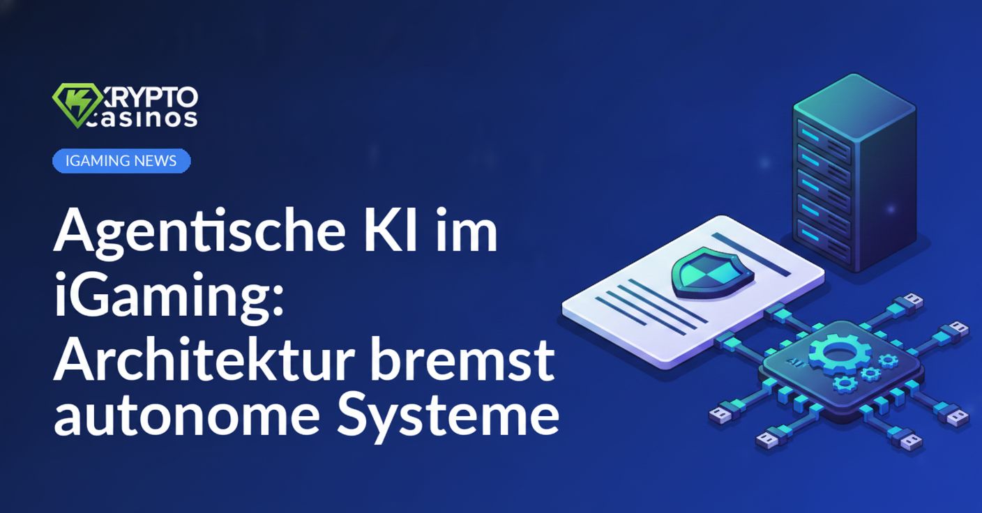 Dokument mit Schildemblem neben monolithischem Serverblock und KI-Chip mit Zahnrädern und Steckeranschlüssen.