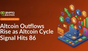 A digital chart displaying a downward trend with various altcoin logos and red arrows indicating outflows.