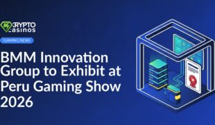 Isometric exhibition booth with large screen, server stack connected by network lines, and certificate with ribbon seal.