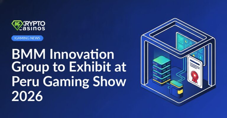 Isometric exhibition booth with large screen, server stack connected by network lines, and certificate with ribbon seal.