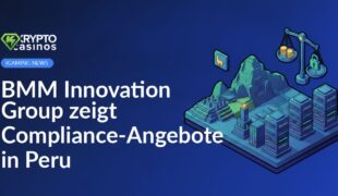Mann präsentiert Compliance-Diagramme auf Tablet vor peruanischer Flagge und Unternehmenslogo im Hintergrund.