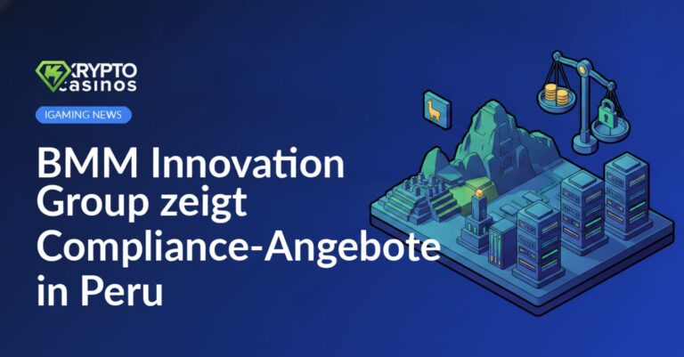 Mann präsentiert Compliance-Diagramme auf Tablet vor peruanischer Flagge und Unternehmenslogo im Hintergrund.