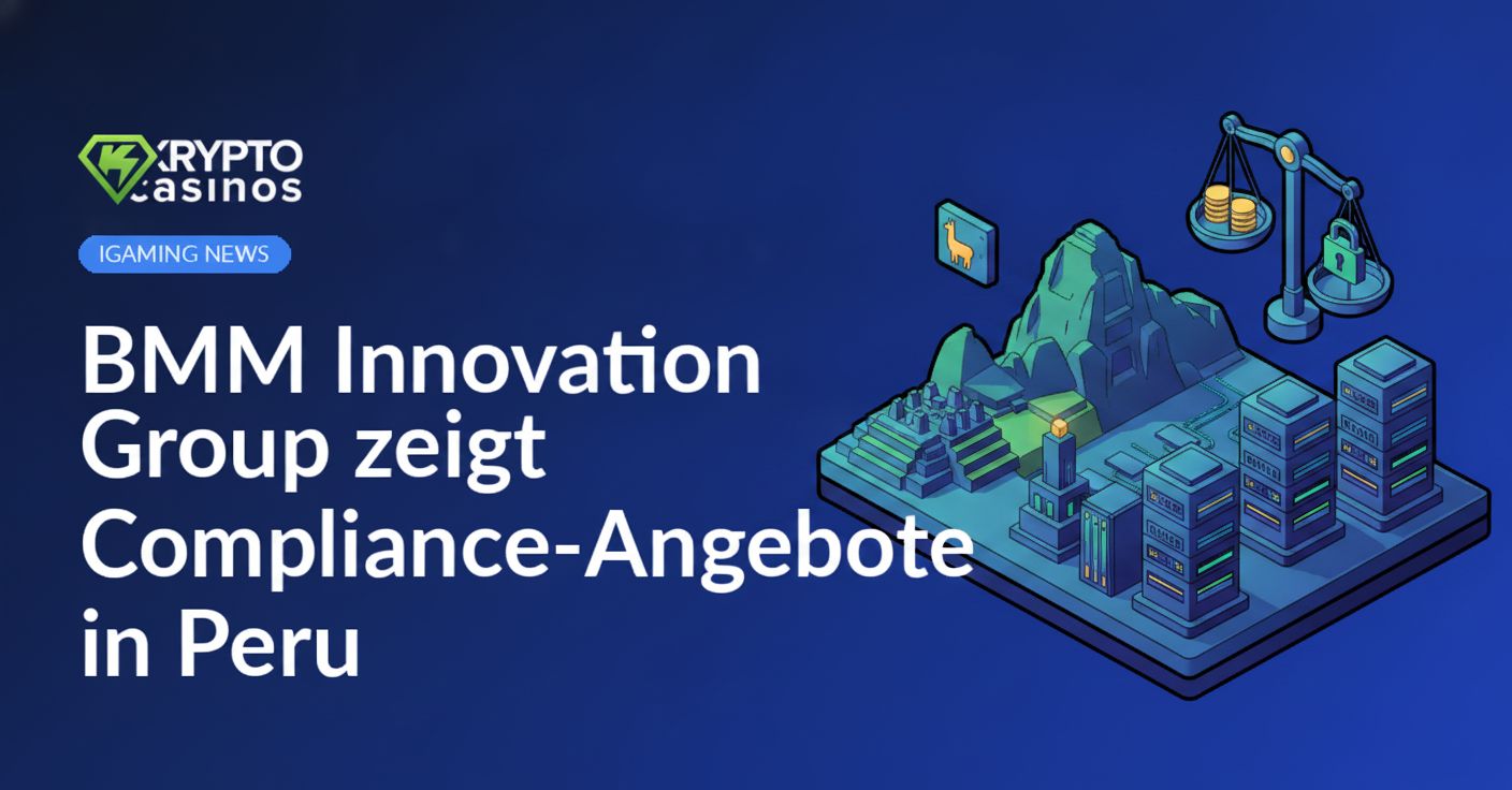 Mann präsentiert Compliance-Diagramme auf Tablet vor peruanischer Flagge und Unternehmenslogo im Hintergrund.