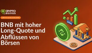 Diagramm mit BNB-Kursverlauf, Long-Quote Balkendiagramm und Pfeilen, die Abflüsse von Börsen symbolisieren.
