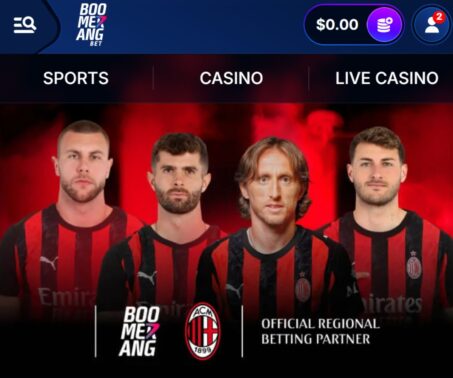 How-to screenshot showing the Boomerang Bet casino lobby and wallet icon in the top right corner
