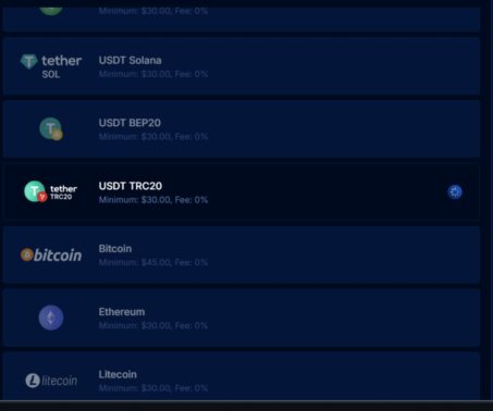 How-to screenshot showing the available crypto options at Boomerang Bet and the minimum deposit amount