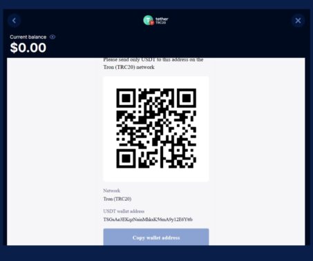 How-to screenshot showing the Tether deposit address and QR code at Boomerang Bet