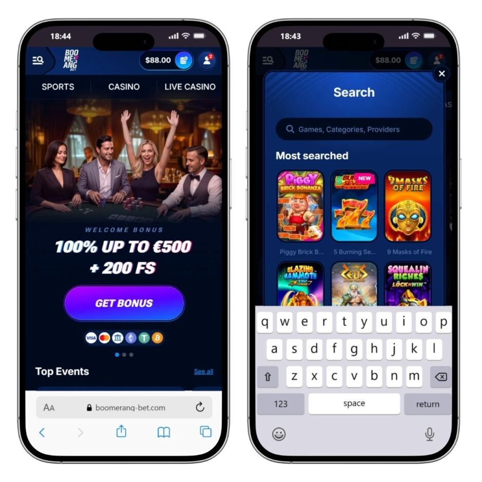 mobile screenshot of Boomerang Bet casino showing the search field and casino welcome bonus