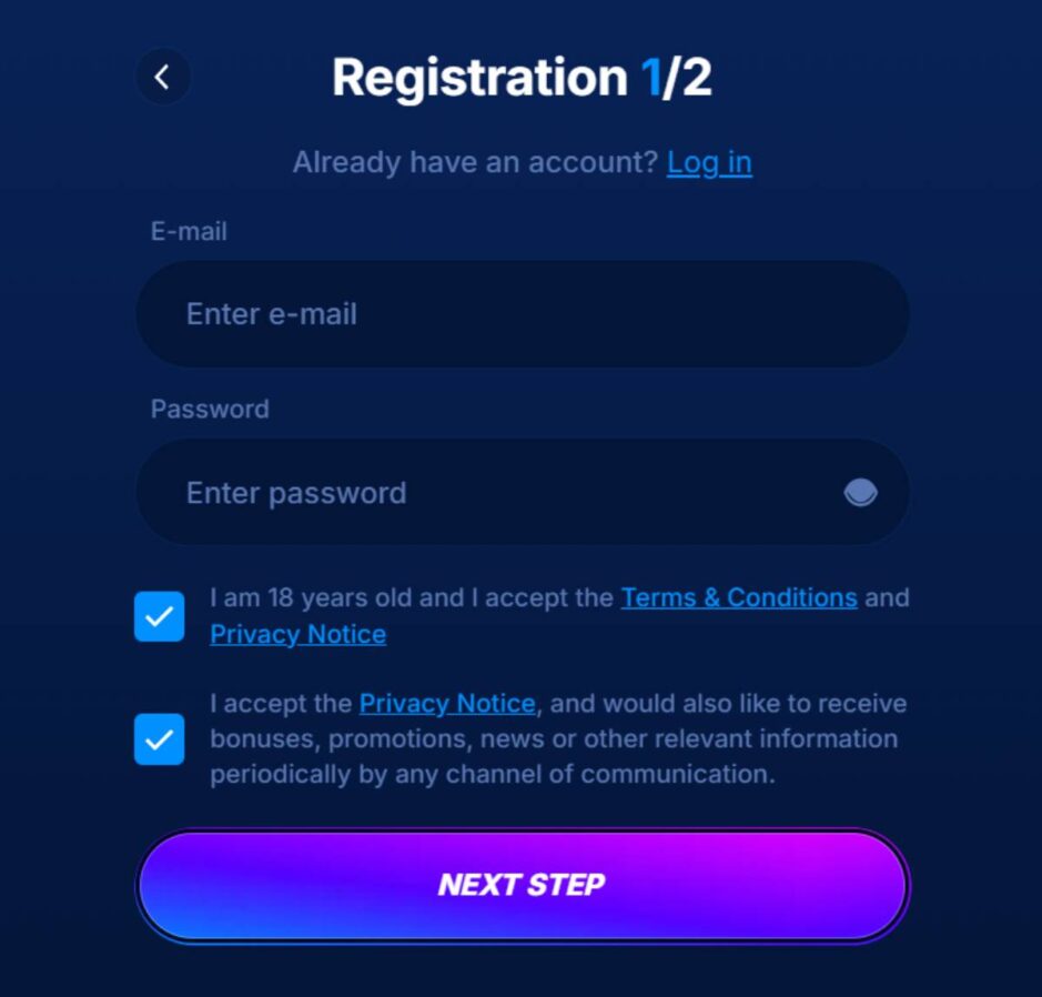 screenshot showing the sign up window at Boomerang Bet casino