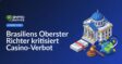 Justizpalast vor blauem Himmel, darunter Dokument mit Hammer, daneben stilisierte Weltkugel mit Münzen und Pfeilen