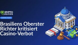 Justizpalast vor blauem Himmel, darunter Dokument mit Hammer, daneben stilisierte Weltkugel mit Münzen und Pfeilen