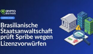 Gerichtshaus und Bürogebäude mit Warnschild, Lupen über gestempelter Urkunde vor hellem Hintergrund.