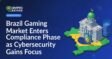 Brazil-colored government building beside a shield with a padlock and a server stack over a segmented Brazil map.