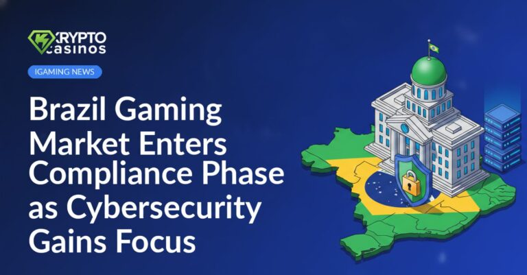 Brazil-colored government building beside a shield with a padlock and a server stack over a segmented Brazil map.