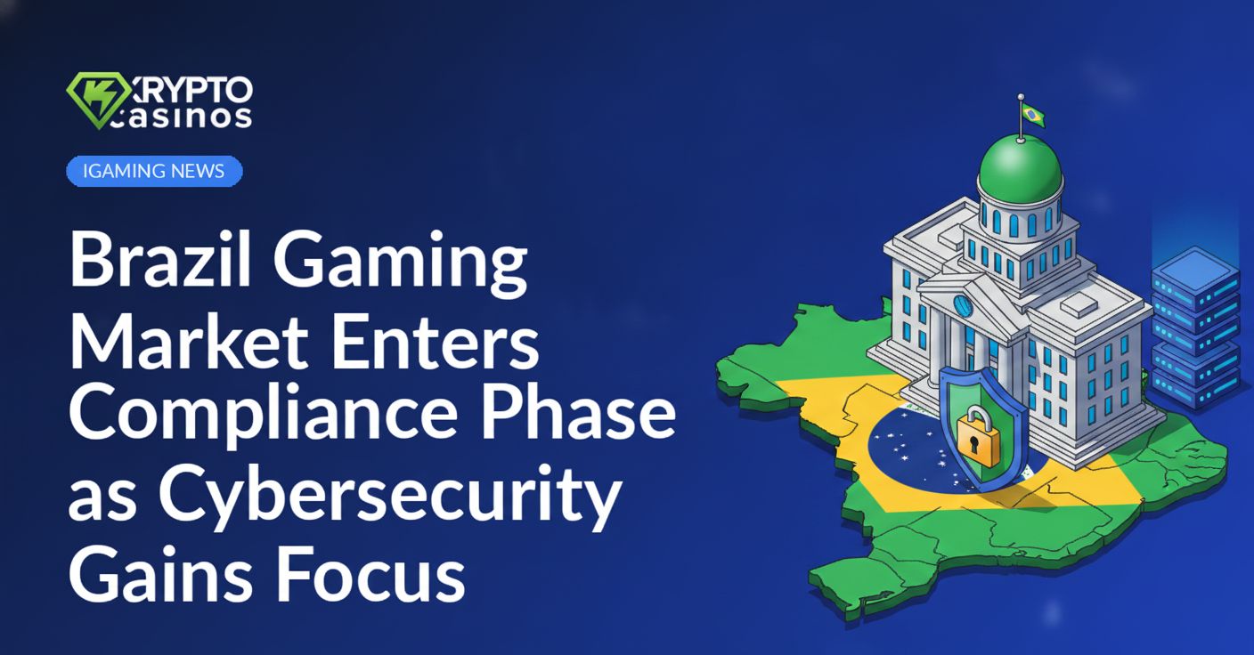 Brazil-colored government building beside a shield with a padlock and a server stack over a segmented Brazil map.