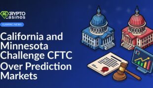 Two opposing capitol buildings with a legal document stamped in red, a gavel, and a digital market chart board.
