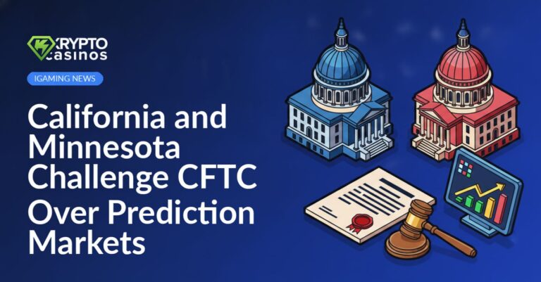 Two opposing capitol buildings with a legal document stamped in red, a gavel, and a digital market chart board.