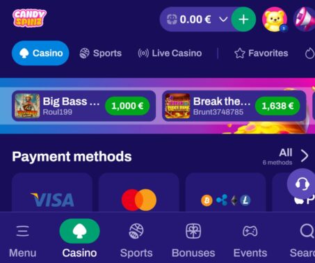 how-to screenshot showing the Deposit (+) icon in the right top corner of the Candyspinz homepage