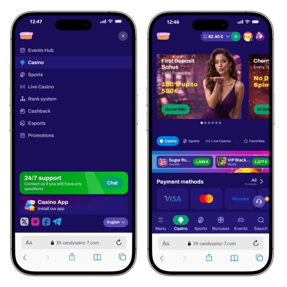 screenshot of candyspinz mobile casino showing the menu categories and the first deposit bonus offer