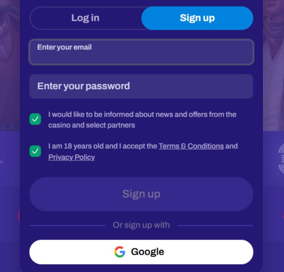 screenshot showing a sign up window at CandySpinz