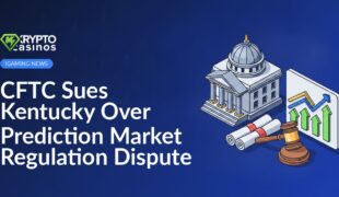 Federal courthouse building, legal document with gavel, and financial market chart with upward and downward arrows