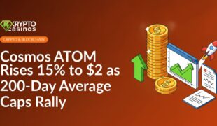 Stack of gold coins with an upward arrow, isometric stock chart screen, and small rocket launching beside a document.