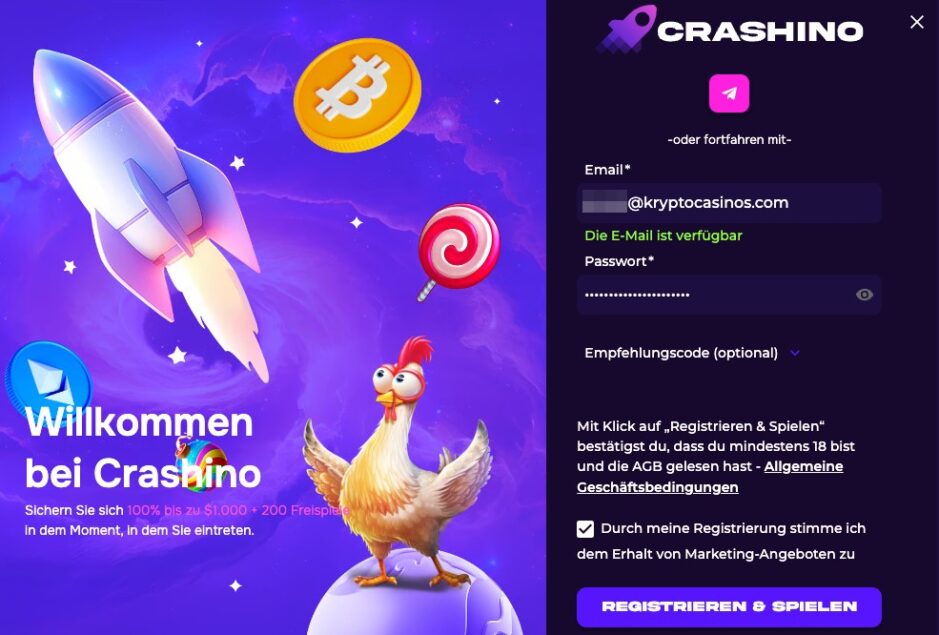 Erster Schritt der Registrierung in einem Crypto Casino