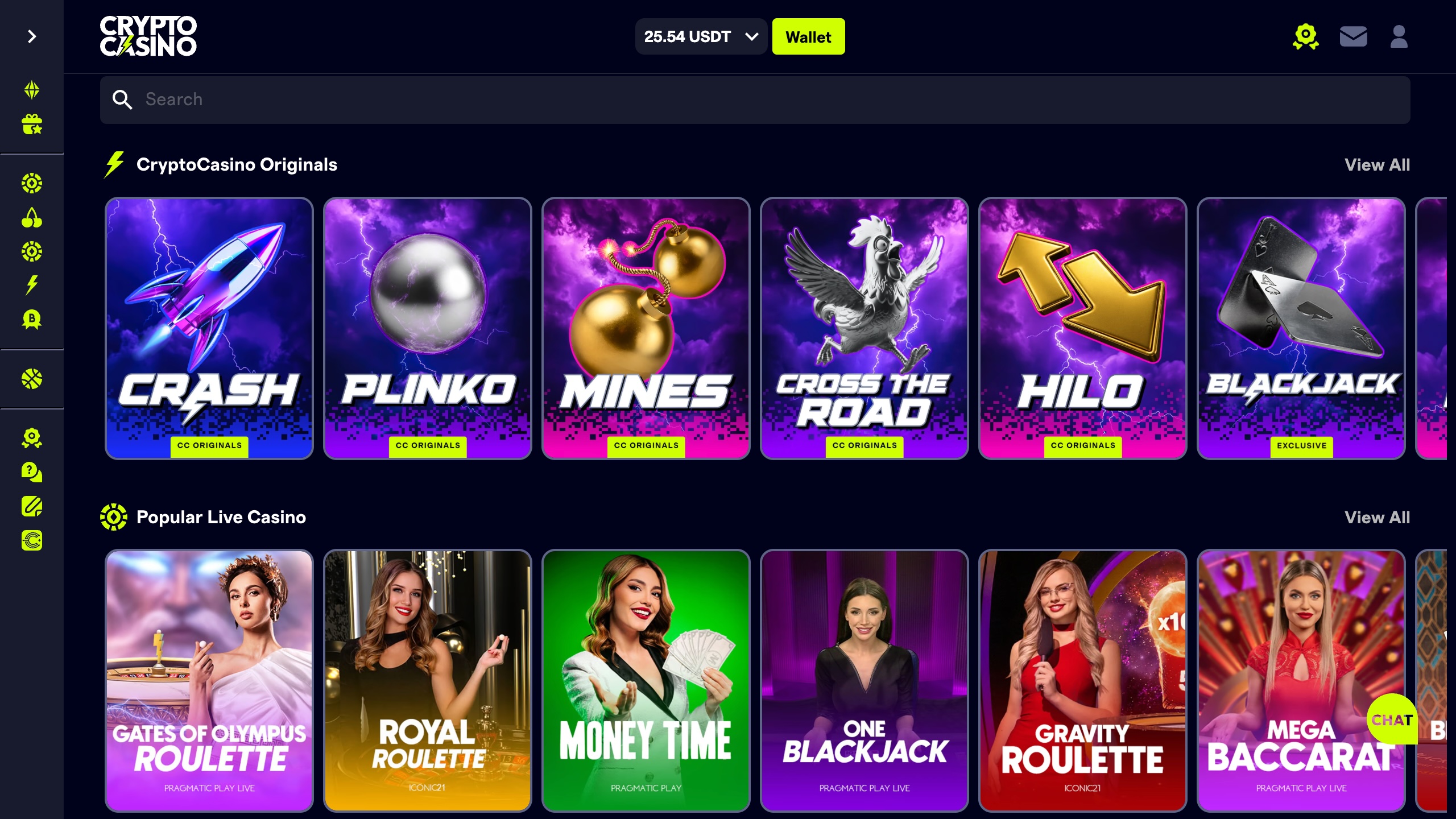 screenshot of cryptocasino.com showing the game lobby and side navigation