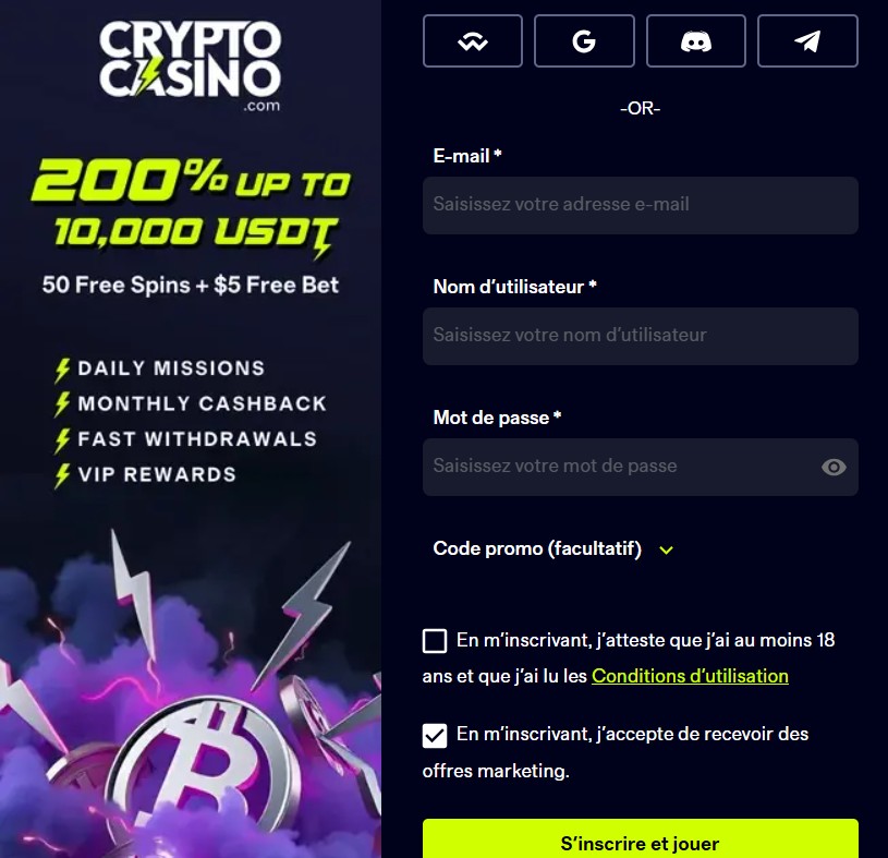 Le formulaire d'inscription de CryptoCasino.com