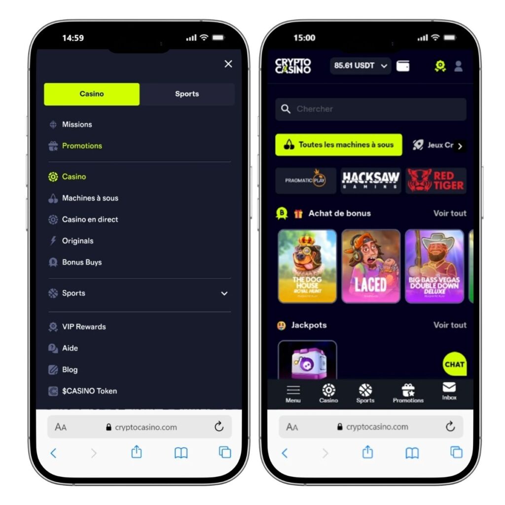 Version mobile de CryptoCasino.com