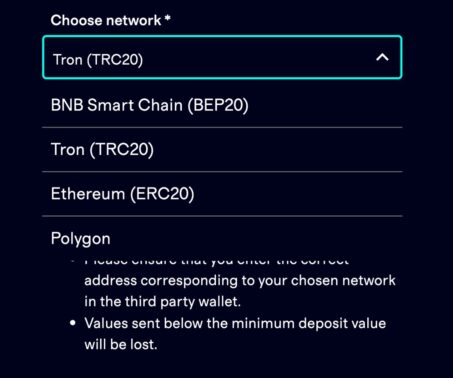 cryptocasino network selection for usdt deposit