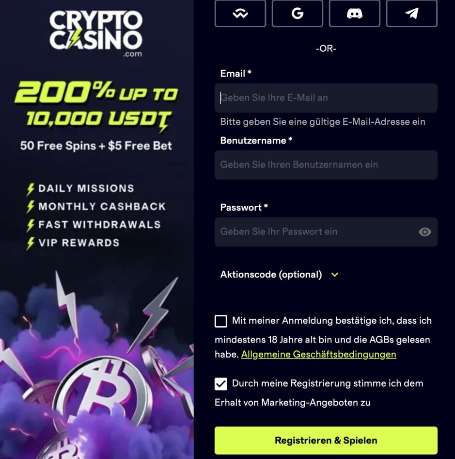 Das Bild zeigt die Registrierungsmaske bei Cryptocasino.com Schweiz